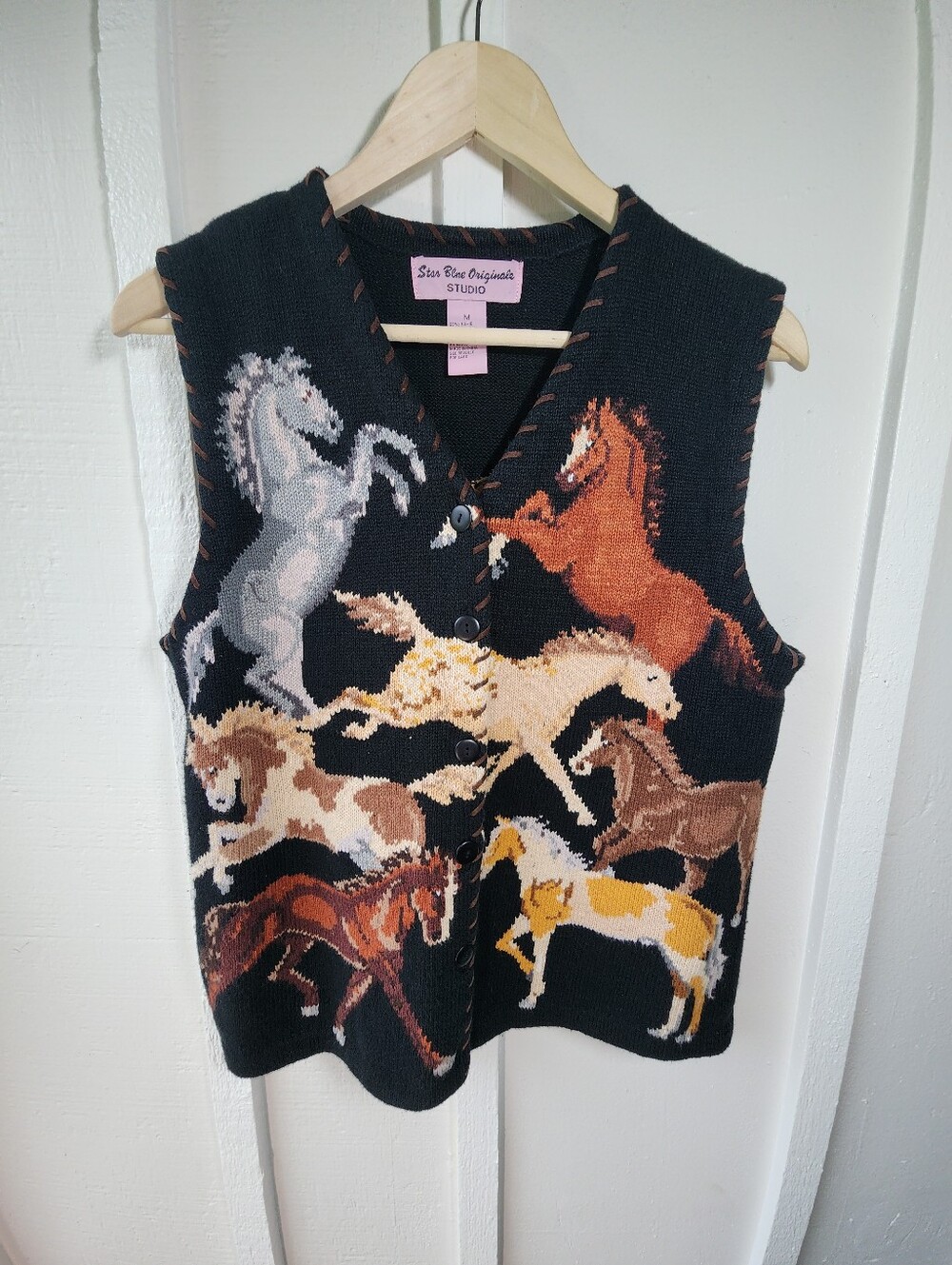 Vintage Star Blue Originale Horse-Print Button Vest Cotton & Ramie Fabric Size M